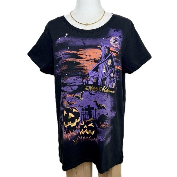 Halloween Graphic Tee Spooky Haunted House Pumpkins Bats Cotton Black 2X 18W 20W - Picture 4 of 12